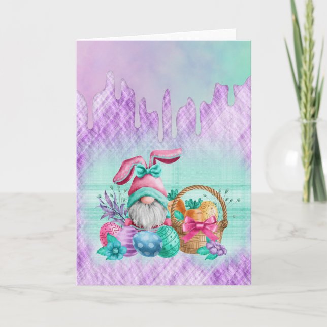 Tarjeta Gnome De Conejo De Pascua Con Huevos De Cesta (Anverso)