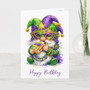 Tarjeta Gnome de Mardi Gras de cumpleaños comiendo pastel