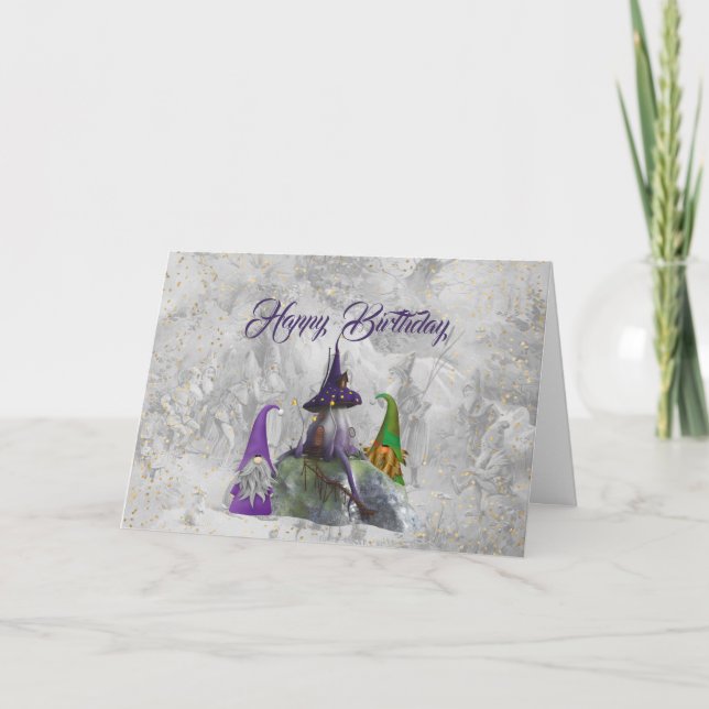 Tarjeta Gnome House Gold Confetti Purple Birday (Anverso)