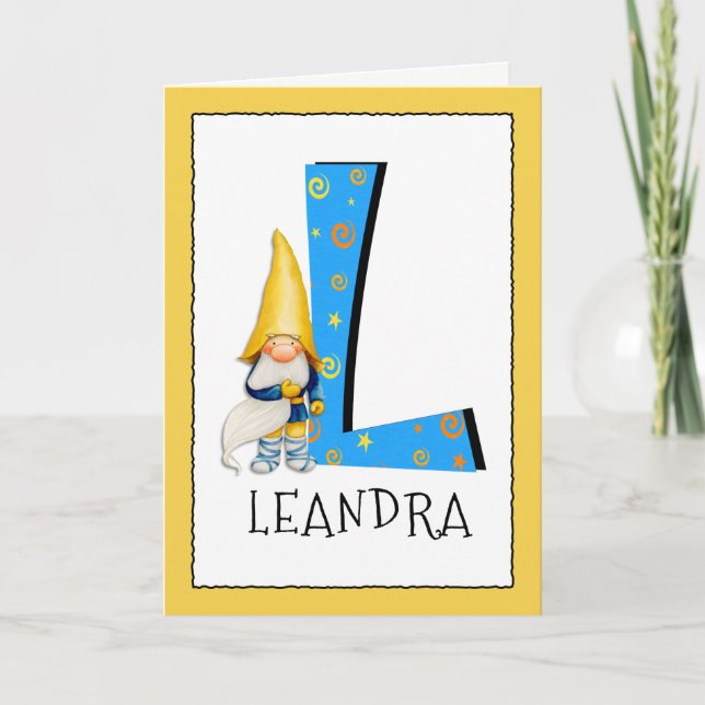 Tarjeta Gnome Kids Letter L Name and Age Birthday Grethday (Anverso)
