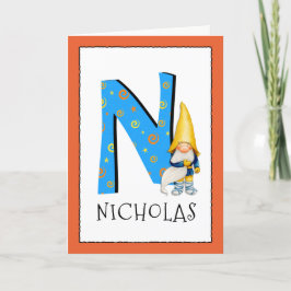 Tarjeta Gnome Kids Letter N Name and Age Birthday Grethday