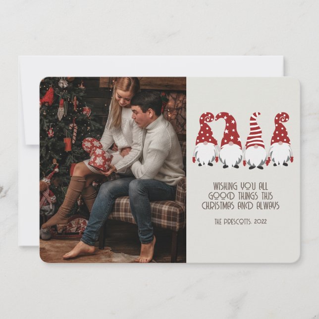 Tarjeta Gnomes de Navidades de fotografía de Retro Groovy (Anverso)