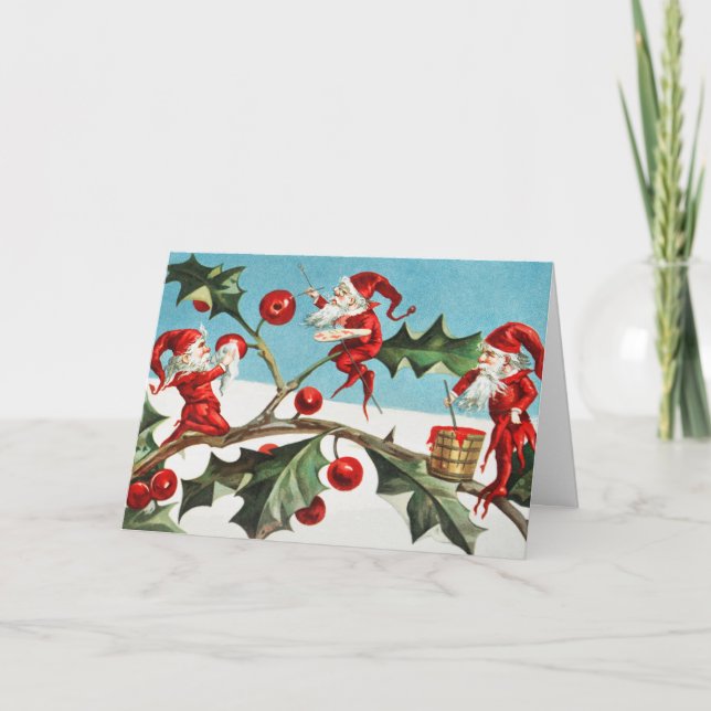 Tarjeta Gnomes painting holly berries in the snow (Anverso)