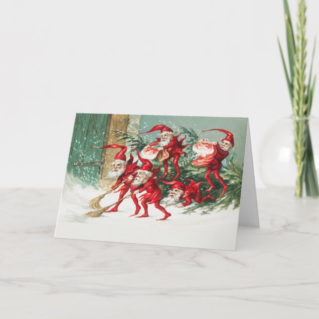 Tarjeta Gnomes sweeping snow with a broom (Anverso)