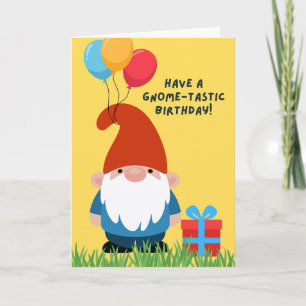Tarjeta Gnomo de cumpleaños con globos y regalo