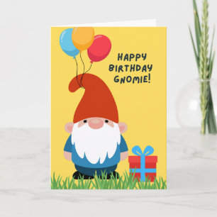 Tarjeta Gnomo de cumpleaños con globos y regalos