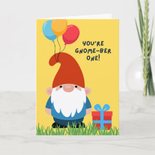 Tarjeta Gnomo de cumpleaños con globos y regalos
