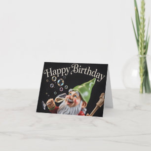Tarjeta Gnomo de "Feliz Cumpleaños" con champán y burbujas