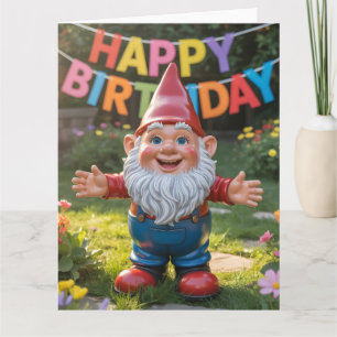 Tarjeta Gnomo de jardín alegre con pancarta de "Feliz Cump
