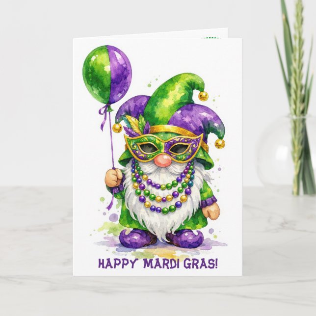 Tarjeta Gnomo de Mardi Gras con globo de fiesta (Anverso)
