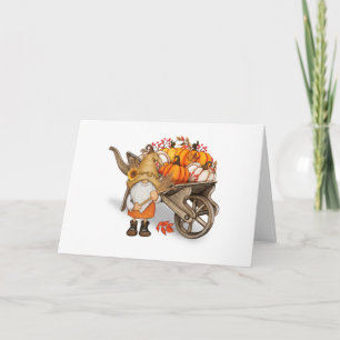 Tarjeta Gnomo de otoño y carro de cosecha de calabaza de c