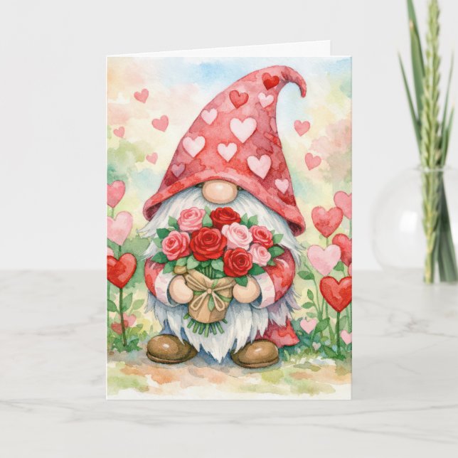 Tarjeta Gnomo del Día de San Valentín con Rosas Rojas (Anverso)