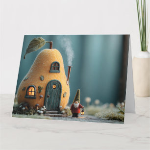 Tarjeta Gnomo lindo parado junto a una casita de hada de p