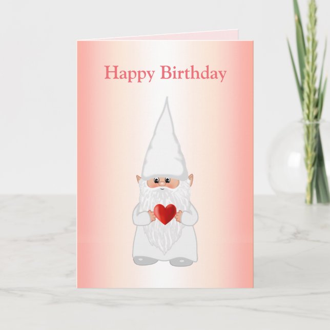 Tarjeta Gnomo Mágico de Cumpleaños con Corazón sobre Rosa (Anverso)