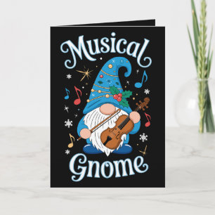 Tarjeta Gnomo Musical De Navidad Violín Acebo Copos De Nie