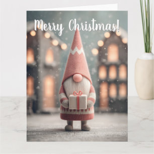 Tarjeta Gnomo Navideño Adorable Sosteniendo una Caja de Re