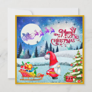 Tarjeta Gnomo Navideño Nevado y Regalos del Trineo de Sant