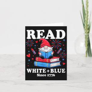 Tarjeta Gnomo Patriótico Lee Libro Blanco Azul 4 de Julio