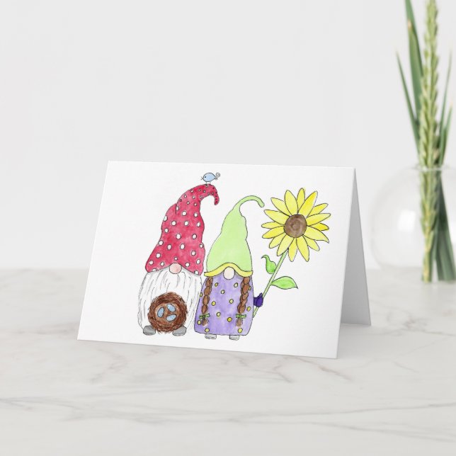Tarjeta Gnomos de jardín de primavera Mamá y Papá (Anverso)