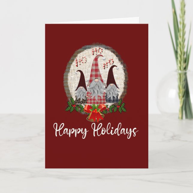 Tarjeta Gnomos de Navidad Rojo Felices Fiestas Rústico, Cu (Anverso)