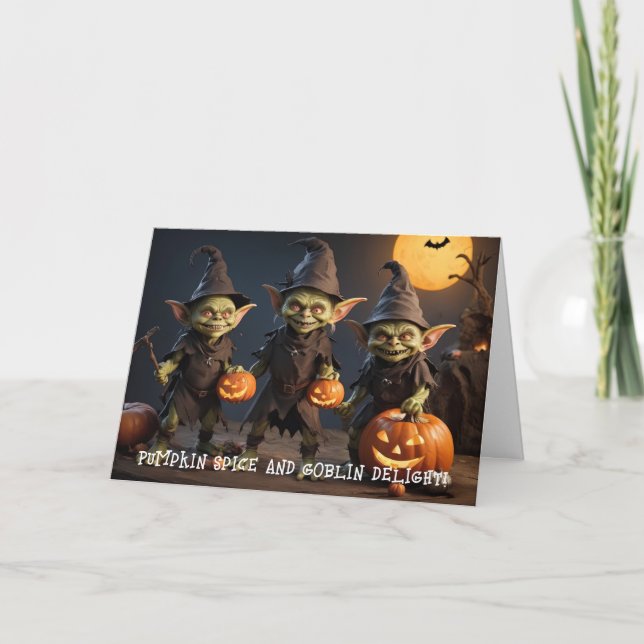 Tarjeta Goblins Halloween Party con calabazas brillantes (Anverso)