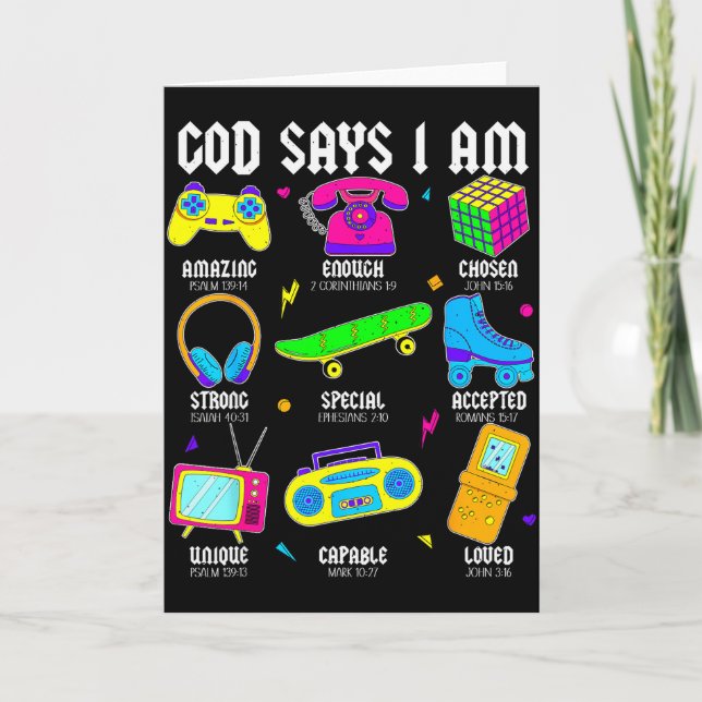 Tarjeta God Says I Am Christian Men Women Kids Retro 80's  (Anverso)