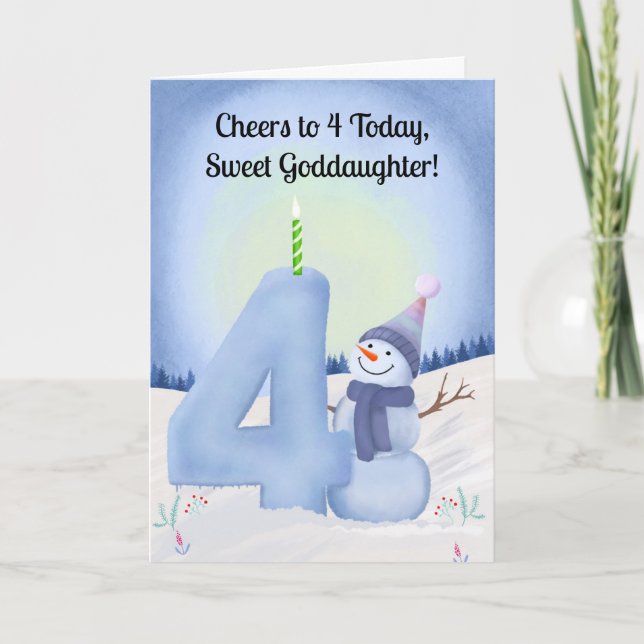 Tarjeta Goddaughter 4th Birthday Snowman with Snowy Four (Anverso)