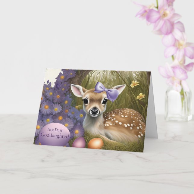 Tarjeta Goddaughter Happy Easter Cute Fawn with Eggs  (Orquídea)