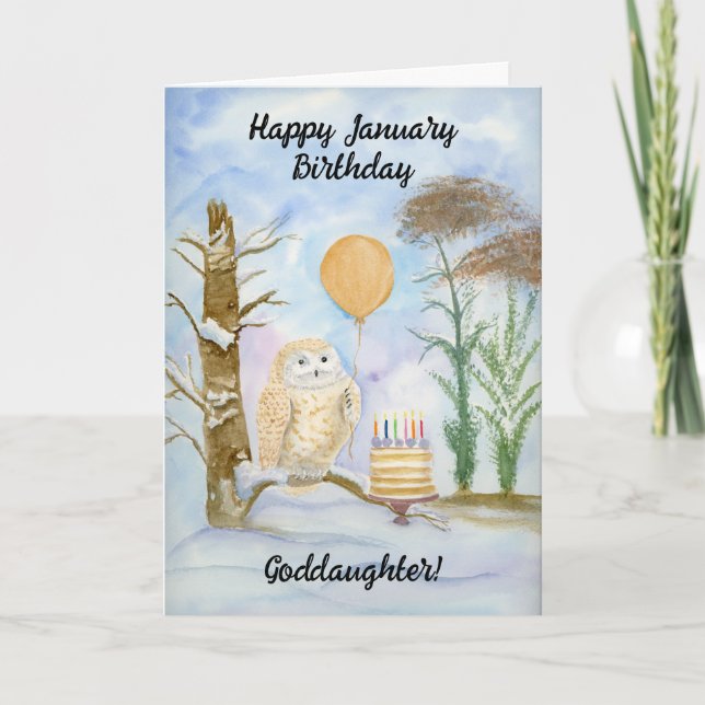Tarjeta Goddaughter Happy January Birthday Owl Cake (Anverso)