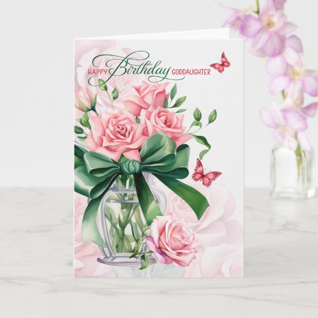 Tarjeta Goddaughter's June Birthday Pink Roses Butterflies (Orquídea)