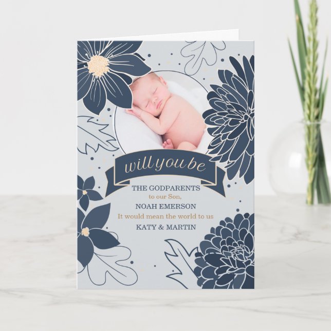 Tarjeta Godparent Request Bold Blue Botanicals con foto (Anverso)