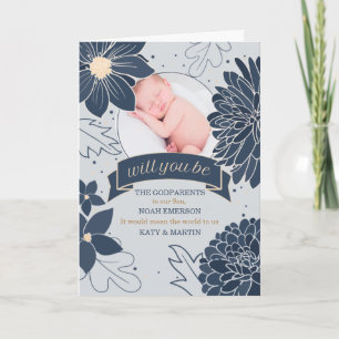 Tarjeta Godparent Request Bold Blue Botanicals con foto