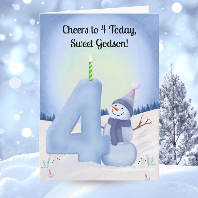 Tarjeta Godson 4th Birthday Snowman with Snowy Four (Subido por el creador)