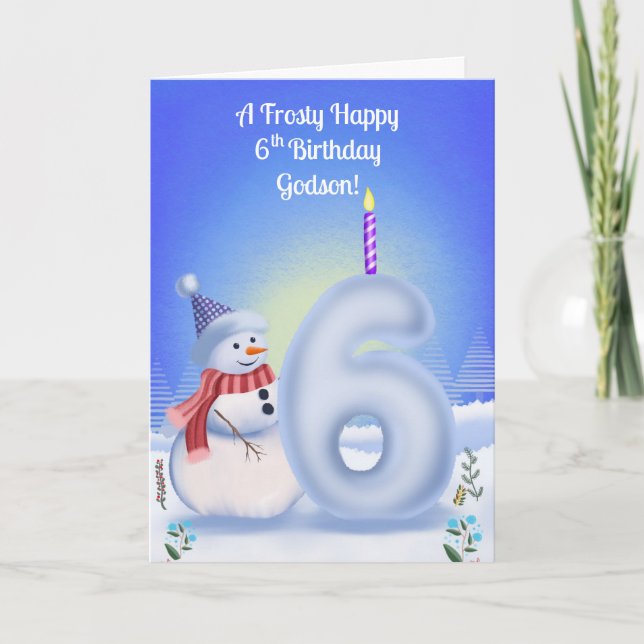 Tarjeta Godson 6th Birthday Snowman Snowy  (Anverso)