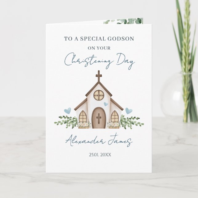 Tarjeta Godson Christening Church Greenery (Anverso)