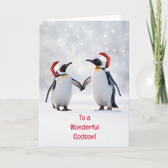Tarjeta Godson Christmas Happy Holidays Cute Penguins (Anverso)