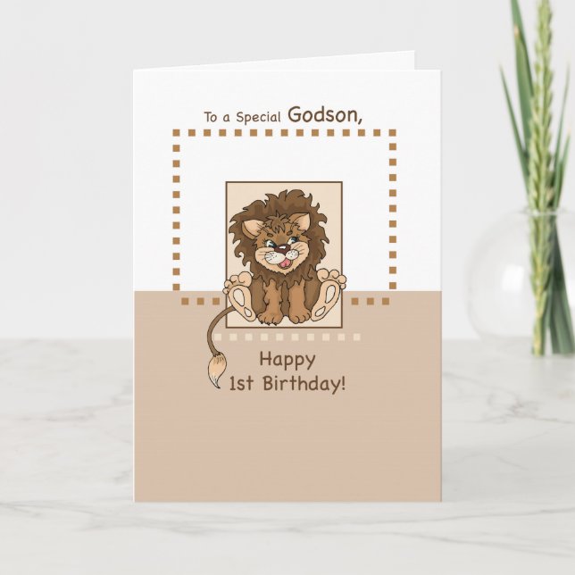 Tarjeta Godson, feliz primer cumpleaños del bebé león (Anverso)