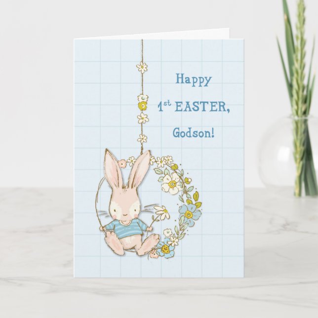 Tarjeta Godson First First Easter Cute Bunny en Flores (Anverso)