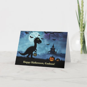 Tarjeta Godson Happy Halloween con dinosaurio