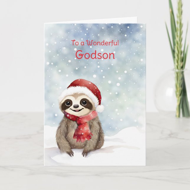 Tarjeta Godson Happy Holidays Cute Slote con Santa Hat (Anverso)