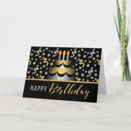 Tarjeta Gold and Silver Faux Glitter on Black with Cake