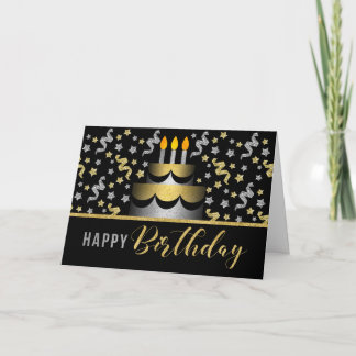 Tarjeta Gold and Silver Faux Glitter on Black with Cake