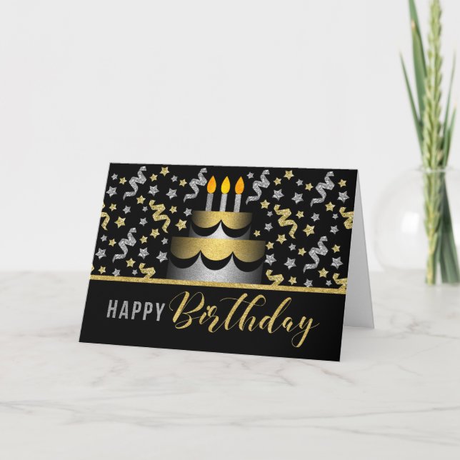 Tarjeta Gold and Silver Faux Glitter on Black with Cake (Anverso)