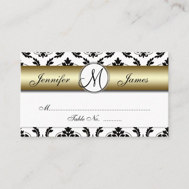 Tarjeta Gold, Black, White Damask Wedding Place (Anverso)