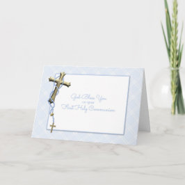 Tarjeta Gold Cross, Blue Rosary Beads, Communion Blessing