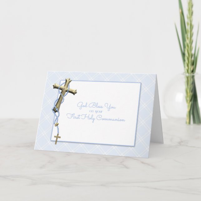 Tarjeta Gold Cross, Blue Rosary Beads, Communion Blessing (Anverso)