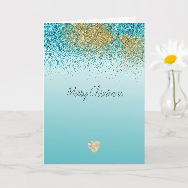 Tarjeta Gold Faux Glitter Aqua Heart Christmas (Planta pequeña)