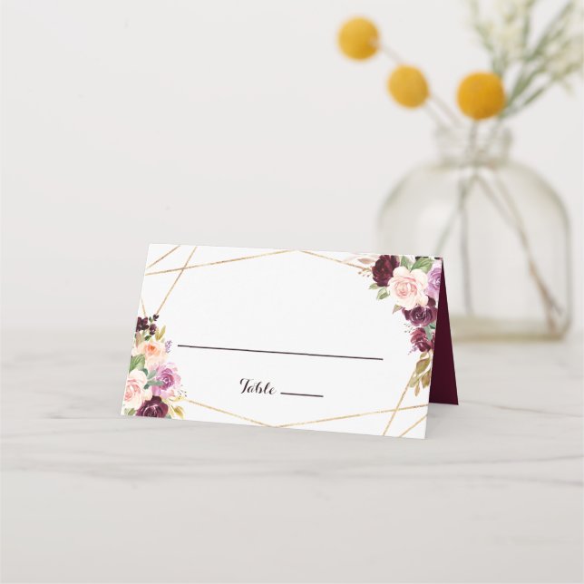 Tarjeta Gold Geométrica Burgundy Boda Floral (Anverso)