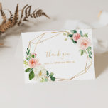 Tarjeta Gold Geométrica Floral Bridal Shower<br><div class="desc">Esta tarjeta dorada geométrica floral de ducha de novia de agradecimiento es perfecta para una moderna ducha de novia. El diseño se caracteriza por unos rosas pintados a mano, blancos, rosas y ruidosos, con un toque de vegetación, unos marcos geométricos dorados y una belleza artística inspiradora. Estas tarjetas se pueden...</div>