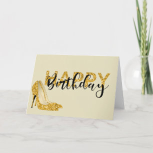 Tarjeta Gold Glam Purpurina Happy Birthday Heels